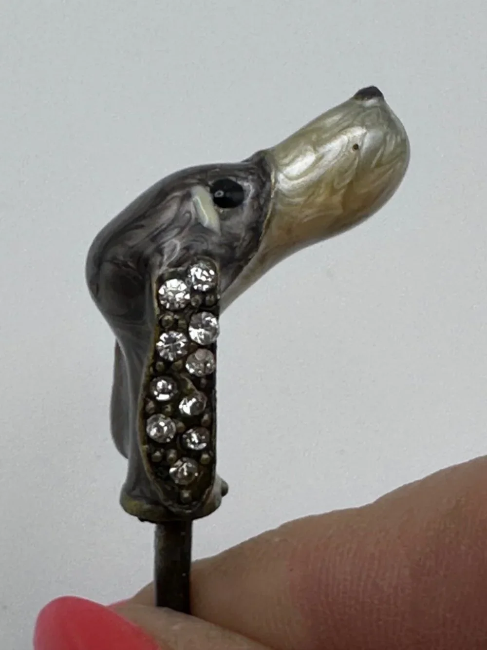 Vintage Dog Head Wine Cork Handle Rhinestones Marble Metal Swirled Design